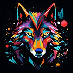 A sleek and modern flat vector representation of a wolf in bold, vivid colors, designed with minimalistic elements. Isolated on a solid black background.  Upscaling by