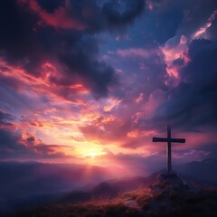 Fototapeta premium Jesus Christ cross. Easter, resurrection concept. Christian cross on a background with dramatic lighting, colorful mountain sunset, dark clouds and sky and sunbeams .