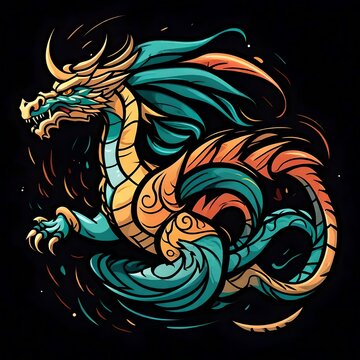 An imaginative, flat vector logo of a mythical dragon, rendered in dynamic colors and clean lines, creating a captivating image isolated on a solid black background.