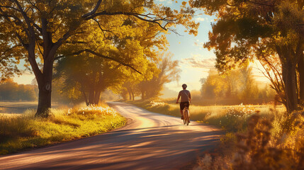 Obraz premium As the sun rises on a crisp autumn morning, a solitary figure pedals through the serene landscape, surrounded by the vibrant colors of nature and the tranquil sounds of the street