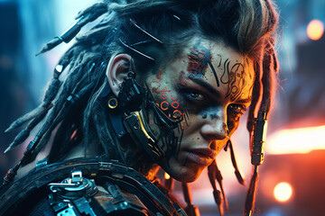 3D illustration of futuristic science fiction skull faced humanoid cyborg created with generative AI