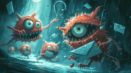 Digital artwork of whimsical underwater creatures encountering floating emails in a submerged environment.