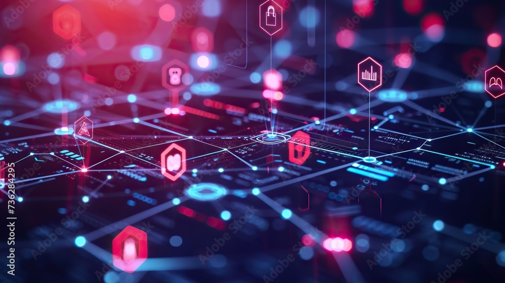 Poster a network security system interface with holographic cybersecurity icons overlaid on a digital circu