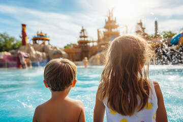 Fototapeta na wymiar Summer holidays children in aquapark having fun sliding water splash Generative AI picture