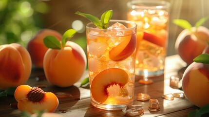 glass of peach juice with ice - obrazy, fototapety, plakaty