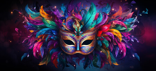 Fototapeta premium colorful confetti with masquerade carnival feather