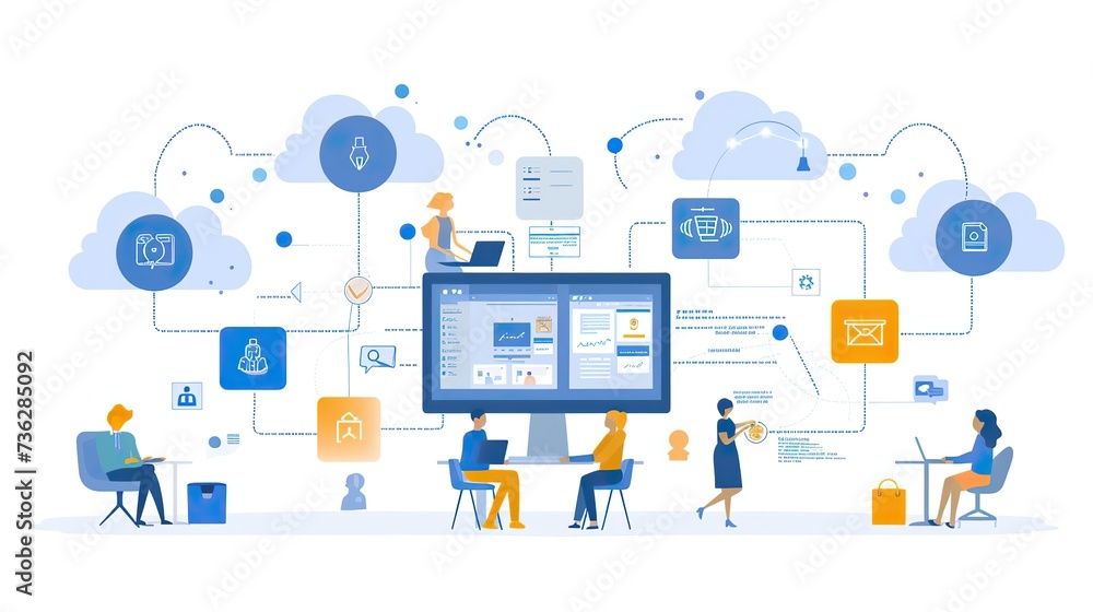 Poster illustration of a professional team engaging in cloud computing activities with interconnected devic