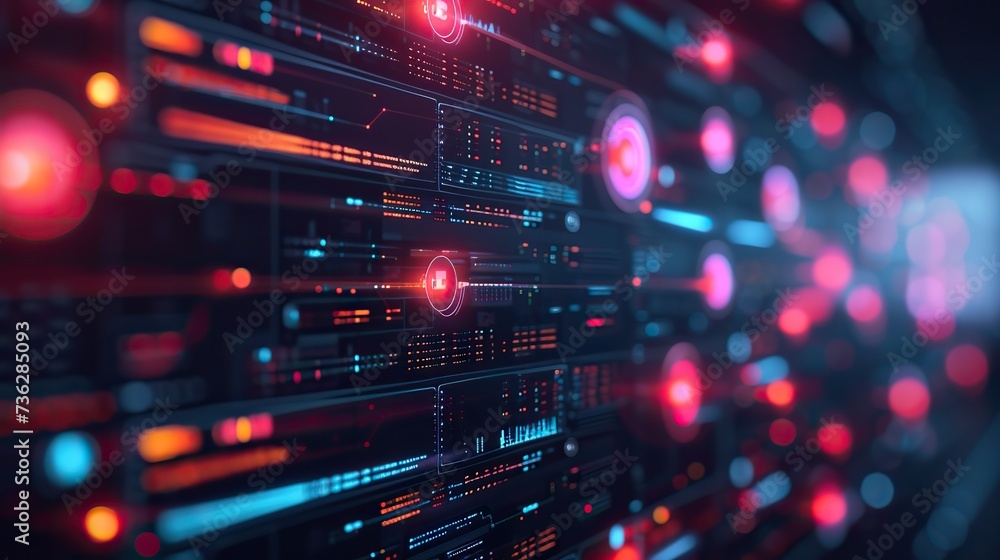 Poster a high-resolution image of a futuristic server room with racks illuminated by vibrant red and blue l