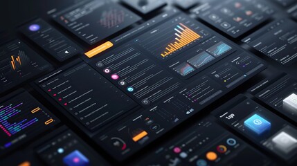 A collection of sophisticated user interface screens displaying analytics and data visualization in a sleek, dark mode theme.