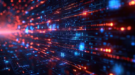 Fototapeta premium Streaming binary code on a futuristic circuit board, representing complex data processing in a digital world with a deep blue and red neon glow.