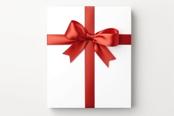 Gift box with red bow on white background, top view. Blank for a greeting card. Gift card wrapped in red ribbon, Ai generated
