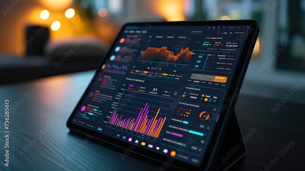 Poster tablet displaying complex financial analytics with graphs and charts, placed on a desk in a contempo