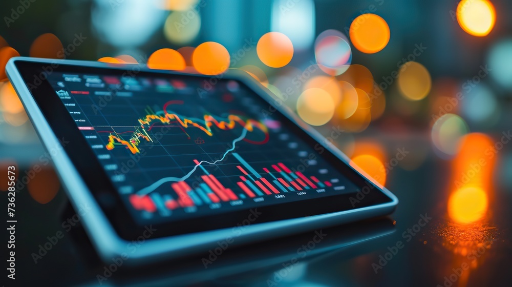 Poster close-up view of a tablet screen showing real-time stock market fluctuations with colorful charts in