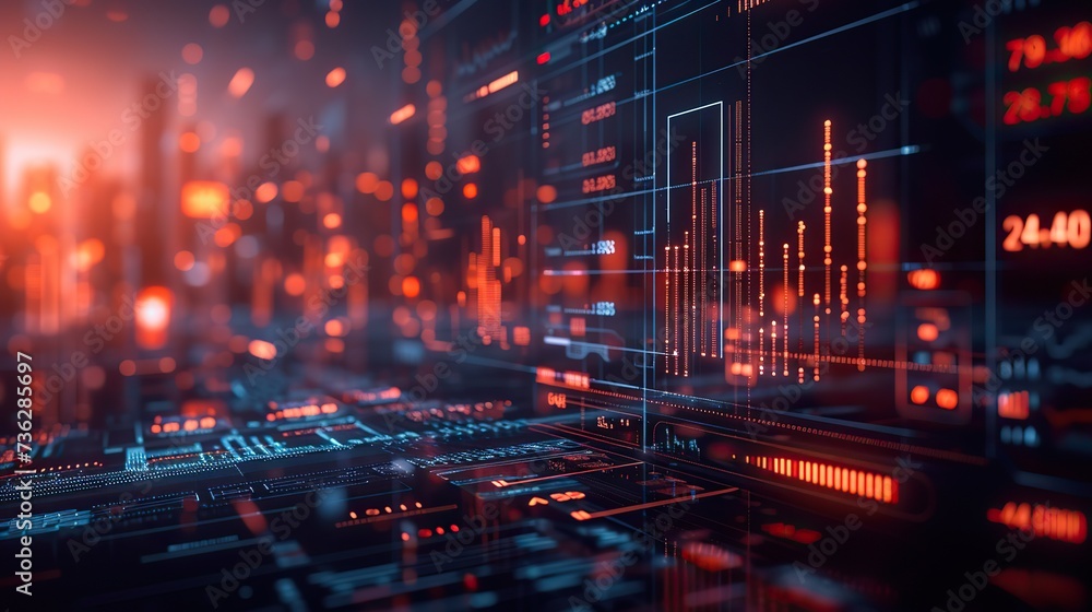 Poster a digital representation of financial market data with glowing graphs and analytics on a futuristic 