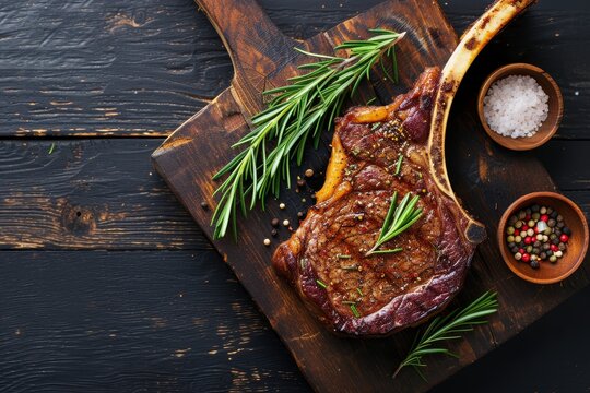 Top view of a tomahawk steak on black wood background