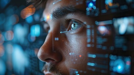 A macro shot of a man's eye reflecting sophisticated digital data screens, symbolizing advanced surveillance or biometric scanning.