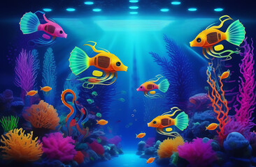 Fototapeta na wymiar A small neon bright yellow fish robots swims underwater