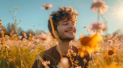 As the warm summer sun shines down upon him, a man stands in a vibrant field of flowers, his smile reflecting the beauty of nature surrounding him