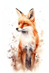 watercolor fox drawing with paints. art illustration of a wild animal on a white background. drops and splashes.