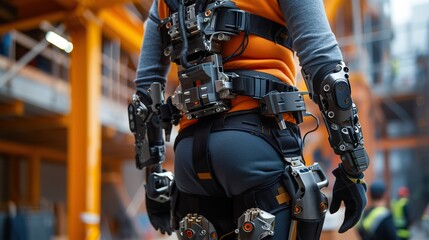 Back view of a construction worker wearing a robotic exoskeleton suit at a busy industrial site, enhancing strength and efficiency.