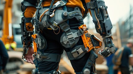 Close-up of a construction worker donning a sophisticated robotic exoskeleton suit, displaying the intricate technology in an industrial environment.