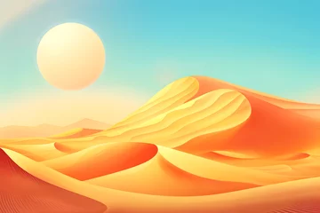 Papier Peint photo Turquoise Orange Sunset Landscape with Desert Dunes and Beach Waves Illustration
