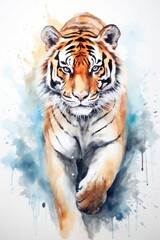 Naklejka premium watercolor tiger drawing with paints. art illustration of a wild animal on a white background. drops and splashes.
