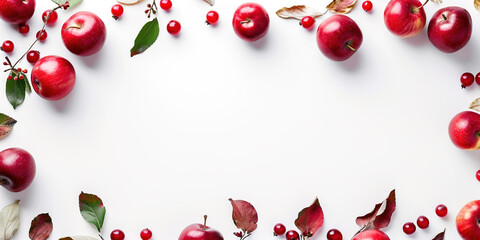 Red Redcurrants, apples and autumn leaves on a white background with copy space. Fall collage composition, design resource element