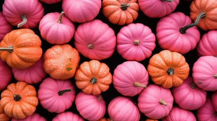 The background of many pumpkins is in Pink color - obrazy, fototapety, plakaty