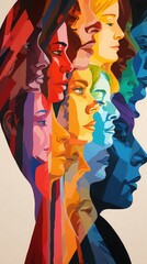 rainbow, multi-colored silhouettes. people of different ethnicities and cultures stand side by side together
