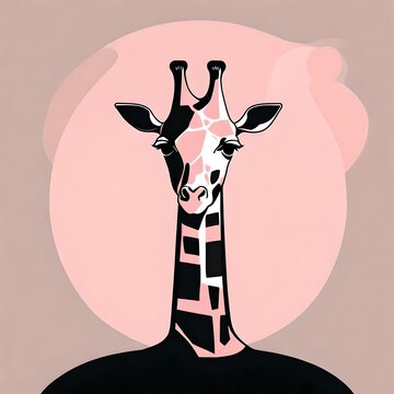 Picture a flat vector giraffe logo in soft pastel pink, showcasing simplicity and sophistication on a solid black background. Isolated on solid black background.  Upscaling by