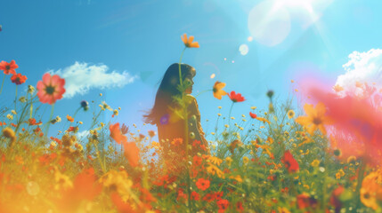 Amidst a sea of vibrant flowers, a woman stands in awe of the endless summer sky, lost in the beauty of coquelicot and cosmos blooms
