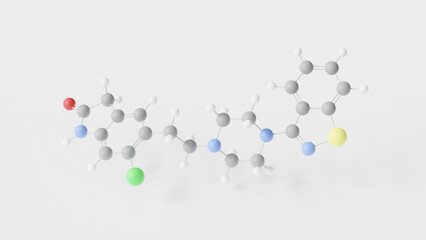 ziprasidone molecule 3d, molecular structure, ball and stick model, structural chemical formula atypical antipsychotic