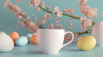 Easter Mug Mockup with pastel-colored easter eggs and flowers, easter Monday, mockup