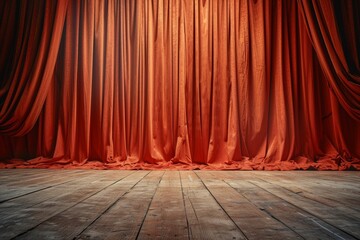 Red brown stage curtain with wooden floor and theater backstage background texture