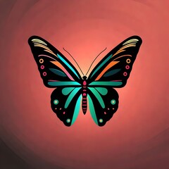 A vibrant, flat vector logo of a singlefaced, colorful butterfly against a light red solid background. Isolated on a sleek and minimalistic solid black background.  Upscaling by