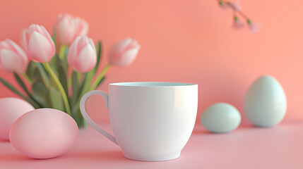Fototapeta na wymiar Easter Mug Mockup with pastel-colored easter eggs and flowers, easter Monday, mockup 