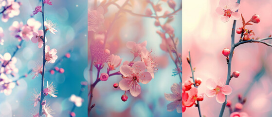 A vibrant spring scene, captured in a single frame, showcasing the delicate beauty of sakura blossoms blooming on a tree in nature