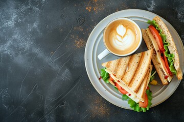 Top view of breakfast meal with coffee cup and club sandwich featuring copy space