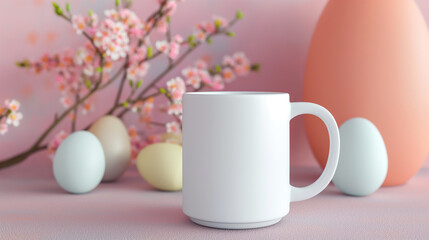 Easter Mug Mockup with pastel-colored eggs and flowers, easter Monday, mockup