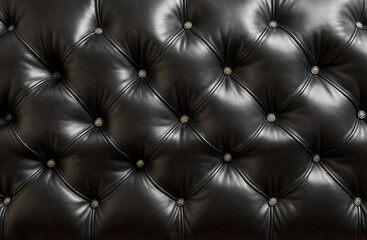 Close-up view of a black leather surface with a diamond pattern and silver buttons