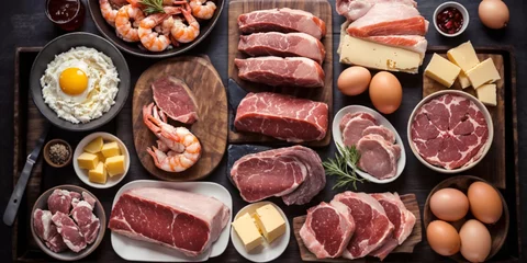 Tuinposter Carnivore's Delight of Spread of Raw Meat, Eggs, and Cheese - carnivore keto seafood diet Embracing the Zero carb  Lifestyle © nasir1164