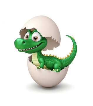 3d render of cartoon character crocodile alligator is hatching from an egg. The baby has a cute expression with big eyes and a small nose on white background