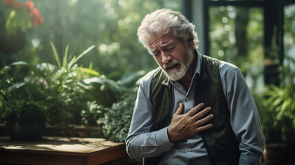 Elderly man with acute chest pain health concept