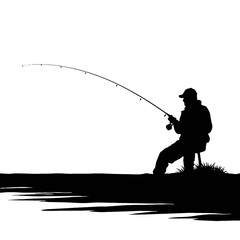 silhouette of fisherman with rod - obrazy, fototapety, plakaty