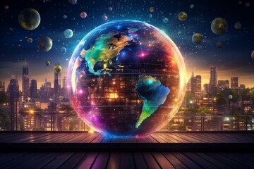 Artificial Intelligence and Global E-Learning. Neon globe surrounded by digital data streams and AI algorithms, highlighting the role of AI in global education and e-learning