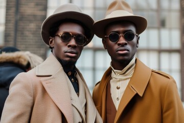 Stylish African American male models in suits coats and hats