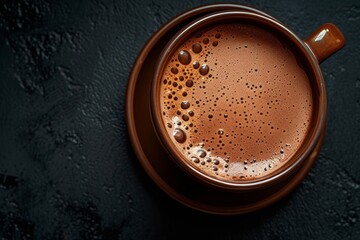 Top view of a cup of hot chocolate on a black background with a dark styled photograph