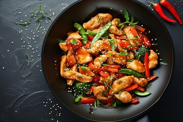 Top view of beef stir fried with peppers and green beans - Powered by Adobe