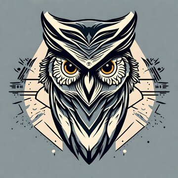A flat vector logo of an owl tattoo design, featuring a single face and minimalistic details, captured in highdefinition. Isolated on a light white solid background.  Upscaling by